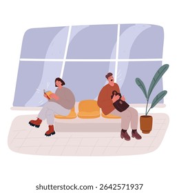Ilustração vetorial de pessoas que aguardam no lobby da recepção do hospital para comparecer à consulta médica com o clínico geral. Pacientes no lobby da sala de espera sentados na clínica de saúde.