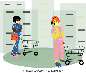 vector illustration. People are waiting in line in social distance. 