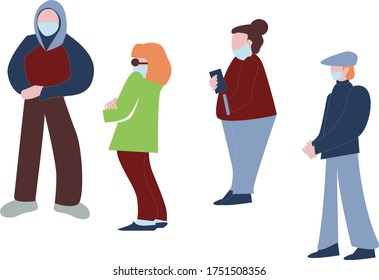 vector illustration. People are waiting in line. the social distance. people put on protective masks