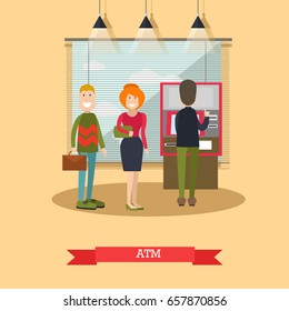 Vector illustration of people waiting in line for cash money. ATM, cash dispenser concept design element in flat style.