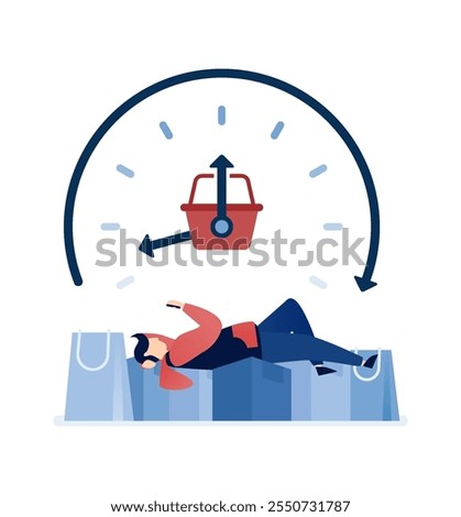 vector illustration of People waiting for the right time to shop online for discounts and vouchers, symbolized by shopping carts, piles of bags, and promotional sales