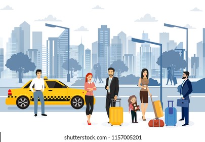 Vector illustration of people waiting taxi on the street. Many passengers are waiting for a taxi in front of the airport, big modern city background in flat style.