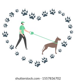 Vector illustration with people walk with dog on a leash, canine tracks in the shape of heart on white background. Healthy active lifestyle. Professional dog walking. Design for web, app, print
