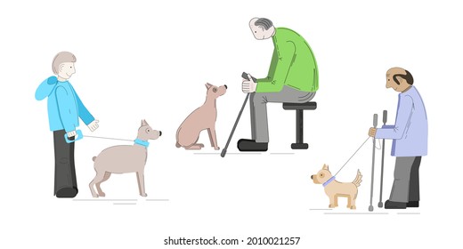 Vector illustration people walk with dogs set isolate. A young male walker leads a dog on a leash, an elderly man sits on a bench, an old grandfather walking a small dog.