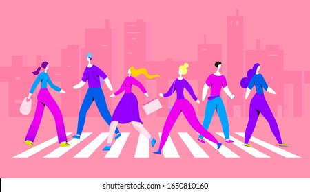 Imagen vectorial con gente caminando por la carretera. Uso en proyectos y aplicaciones web.