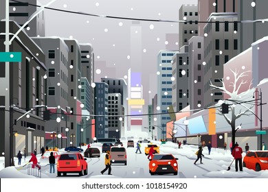A vector illustration of People Walking in the City During Winter Storm