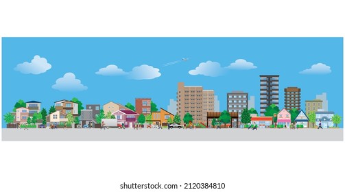 Vector illustration of people walking in a city street. 