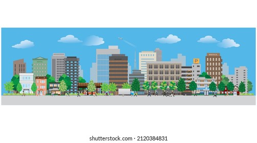 Vector illustration of people walking in a city street. 