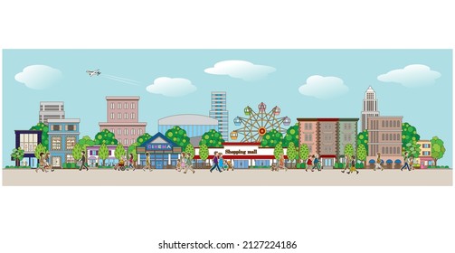 Vector illustration of people walking in a city street.