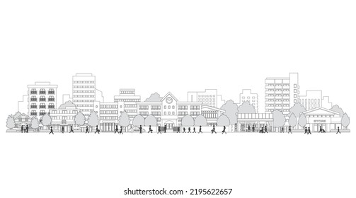 Vector illustration of people walking in a city street. Line drawing illustration.