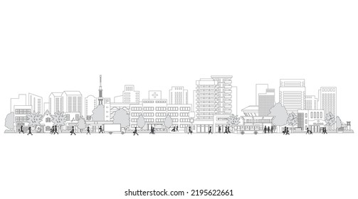 Vector illustration of people walking in a city street. Line drawing illustration.