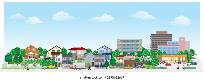 Vector illustration of people walking in a city street.