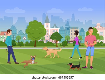Vector illustration of the people walking with dogs in the city park. People dog lovers, dogshops.