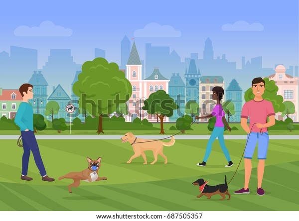 市の公園で犬と歩く人々のベクターイラスト 人は犬好きで ドッグショップ のベクター画像素材 ロイヤリティフリー