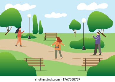 Vector illustration of people walking, exercising and resting in the park.