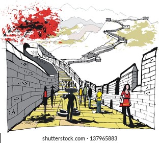 Vector Illustration Of People Walking On Great Wall Of China