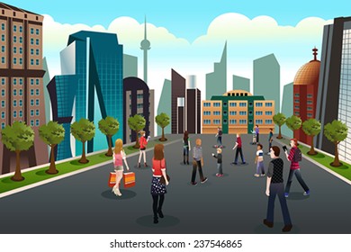 A vector illustration of people walking outside toward high rise buildings