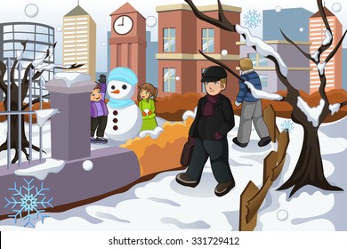A vector illustration of people walking in the park during winter