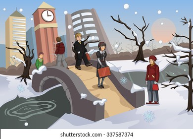 A vector illustration of people walking in the park during winter