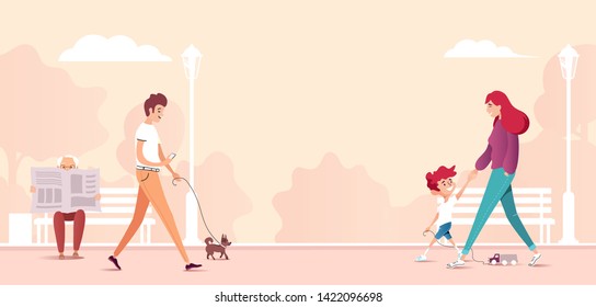 Vector illustration of people walking and relaxing in public park.