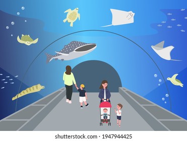 Vector illustration of people walking through tunnel aquarium