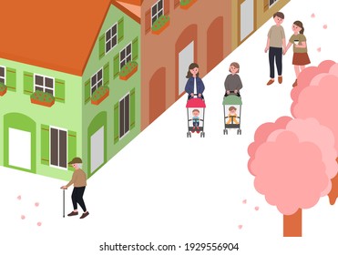 Vektorgrafik von Menschen, die mit Kirschblüten in der Stadt spazieren