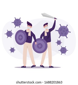 Vektorillustration Illustration Menschen Krieg gegen Corona dann bleiben sicher und verteidigen covid-19 Corona-Virus-Konzept