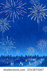 Vector illustration of people watching fireworks by the water. Scenery of the summer festival.