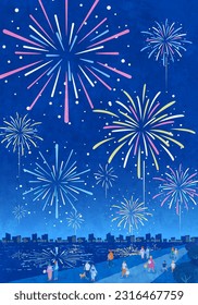 Vector illustration of people watching fireworks by the water. Scenery of the summer festival.