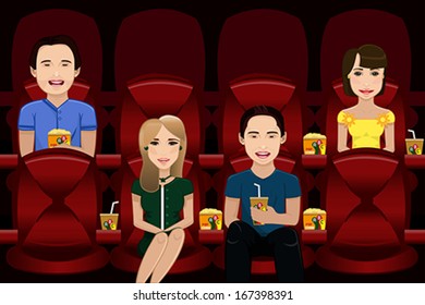 A vector illustration of people watching movie inside a movie theater