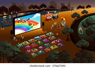 A Vector Illustration Of People Watching Outdoor Movie In A Park
