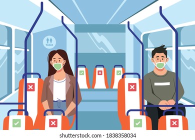 ilustración vectorial personas con máscara facial y mantener el distanciamiento social en la nueva normalidad