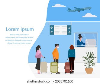 Vector illustration People wearing face mask with suitcases Customer check in Service counter Airport Covid-19 Tourist Traveler Plane Summer time Holiday Concept for travel agency, booking service