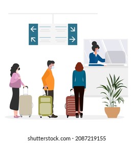 Ilustración de vectores Personas con máscara facial con maletas Registro de clientes Contador de servicio Aeropuerto Covid-19 Tourist Traveler Plane verano Tiempo de vacaciones Concepto para agencia de viajes, servicio de reservas