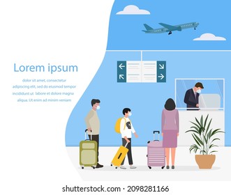 Vector illustration People wearing face mask with suitcases Customer check in Service counter Airport Covid-19 Tourist Traveler Plane Summer time Holiday Concept for travel agency, booking service