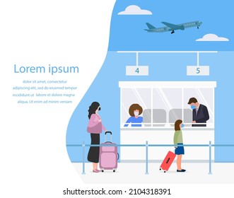 Vector illustration People wearing face mask with suitcases Customer check in Service counter Airport Passport control Covid Tourist Traveler Plane Summer time Holiday Travel agency Booking service