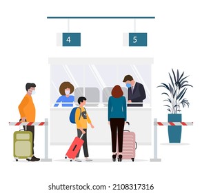 Vektorgrafik Menschen mit Gesichtsmaske mit Koffer Check-in Service-Schalter Flughafen Reisepass Kontrolle Covid Tourist Reiseschluss Sommerurlaub Reisebüro Reservierung Service