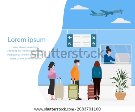 Vector illustration People wearing face mask with suitcases Customer check in Service counter Airport Covid-19 Tourist Traveler Plane Summer time Holiday Concept for travel agency, booking service