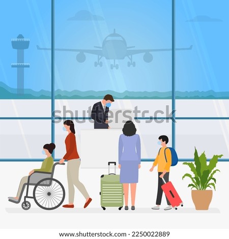 Vector illustration People wearing face mask with suitcases Customer check in Service counter Airport Covid-19 Tourist Traveler Plane Person in wheelchair Mask Holiday Travel agency, booking service