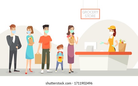 Vector illustration of people wearing masks staying in line in grocery shop. Shopping during quarantine, keep distance, selfcare concept. Coronavirus epidemic and healthcare, cartoon characters