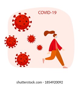 Vector illustration. People wearing protection medical face mask to protect and prevent virus, disease, flu. Group of young man and woman are protected among coronavirus cell in city skyline. 