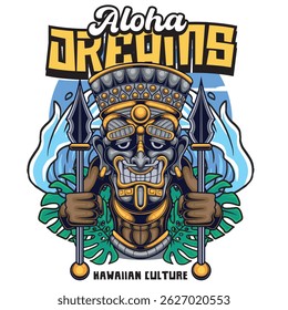 Vector Illustration of People Wearing Tiki Mask with Retro Vector Illustration Available for Tshirt Design