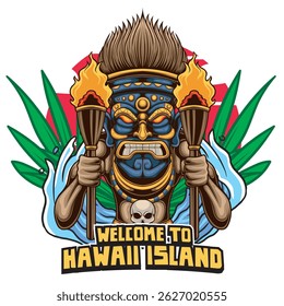 Vector Illustration of People Wearing Tiki Mask with Retro Vector Illustration Available for Tshirt Design