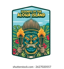 Vector Illustration of People Wearing Tiki Mask with Retro Vector Illustration Available for Tshirt Design