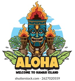 Vector Illustration of People Wearing Tiki Mask with Retro Vector Illustration Available for Tshirt Design