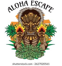 Vector Illustration of People Wearing Tiki Mask with Retro Vector Illustration Available for Tshirt Design