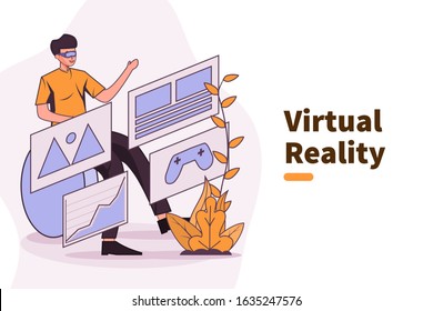 vector illustration people wearing virtual reality or vr headset. man virtual reality experience. VR for read news, view images or picture, view data analytic, gaming