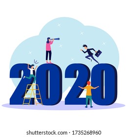 Vector illustration of people welcoming New Year, involved in decoration, New Year 2020 writing.
