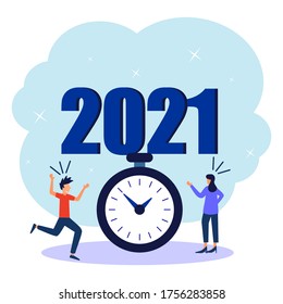 Vector illustration of people welcoming the New Year, involved in decoration, writing of the New Year 2021.