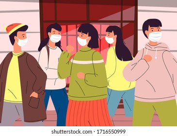 Vector illustration of people wering medical masks during viral pandemia in public place. People break rules of self-isolation walking to shopping mall. People protect themselves with medical masks